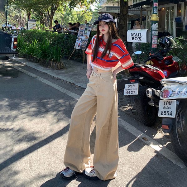 Women's Light Green Wide-Leg Jeans Washed High-Waist Loose Straight Long Pants
