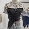 Cowboy patchwork dyed mesh short sleeved t-shirt for women