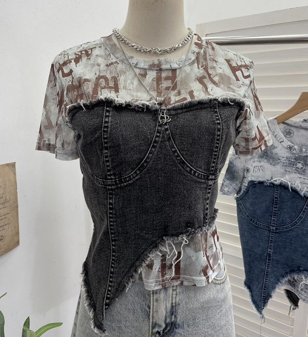 Cowboy patchwork dyed mesh short sleeved t-shirt for women