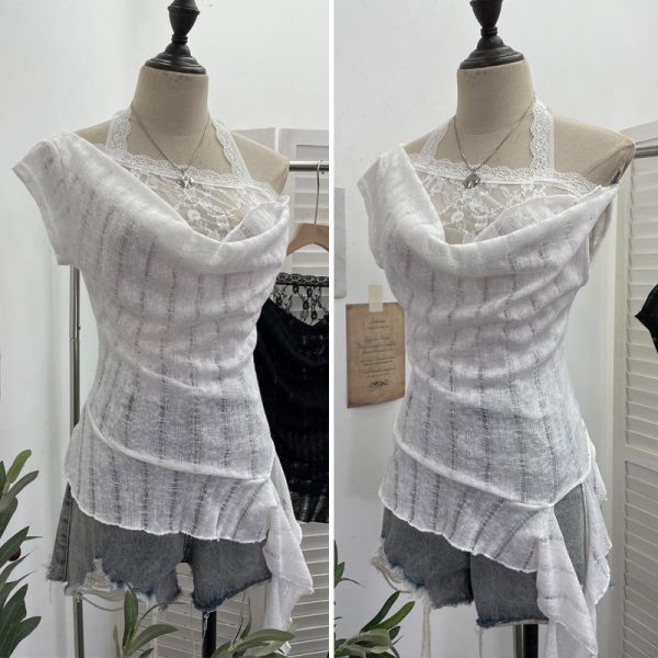 Lace Splicing Swing Collar Halter Off-Shoulder T-Shirt Women