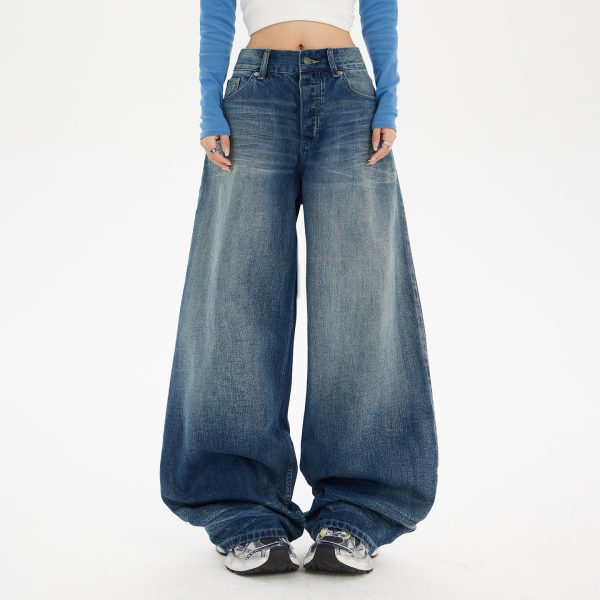 Women's Blue Knife-Leg Jeans  Gradient High-Waist Loose Wide-Leg Pants