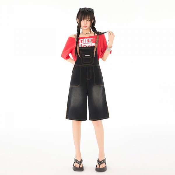 Women's Denim Overalls Summer Strap Design Loose  Age-Reducing Wide-Leg Pants