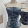 Denim Pattern Tie-Dye Printed Mesh Spaghetti Strap Top