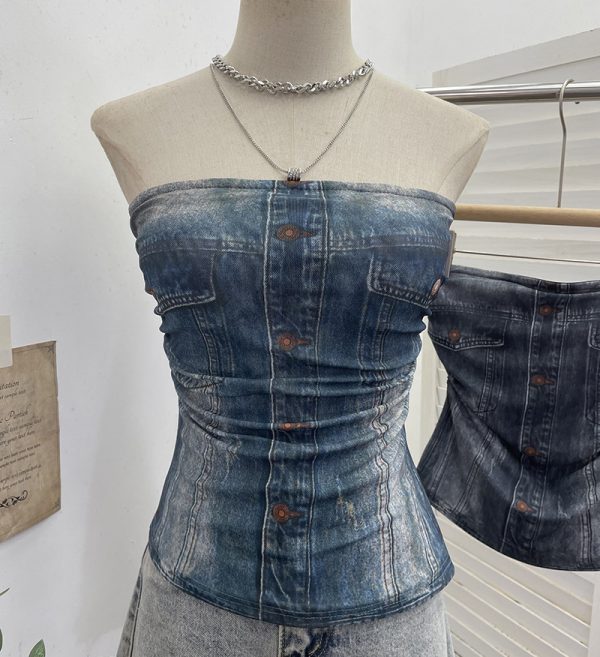 Denim Pattern Tie-Dye Printed Mesh Spaghetti Strap Top