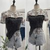 Cowboy patchwork dyed mesh short sleeved t-shirt for women