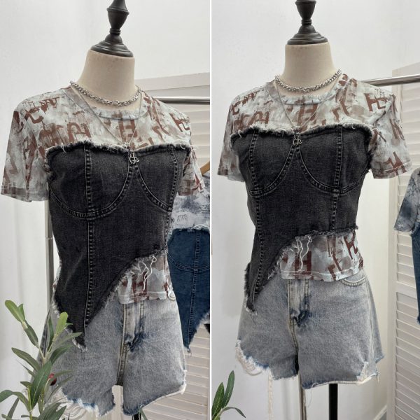 Cowboy patchwork dyed mesh short sleeved t-shirt for women