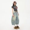 Women's Washed Baggy Hole Slant Leg Wide-Leg Three-Quarter Denim Pants for Couples