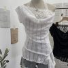 Lace Splicing Swing Collar Halter Off-Shoulder T-Shirt Women