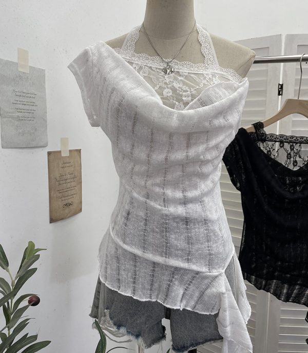 Lace Splicing Swing Collar Halter Off-Shoulder T-Shirt Women