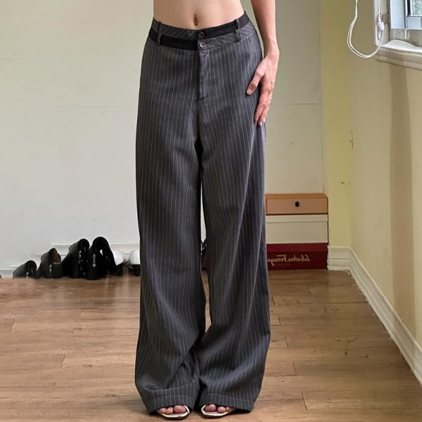 Color blocking waist loose thin stripe hanging straight leg pants