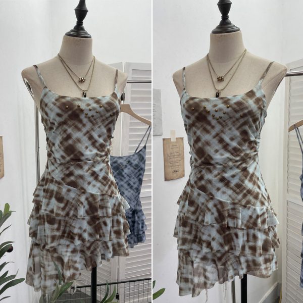 Irregular Rivet Mesh Camisole Dress with Ruffle Strap Sleeveless Top