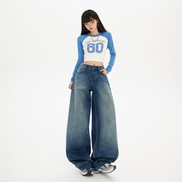 Women's Blue Knife-Leg Jeans  Gradient High-Waist Loose Wide-Leg Pants