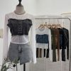 Denim Patchwork Frayed Binding Slim Long Sleeve Short Mesh Top T-Shirt
