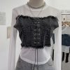 Denim Patchwork Frayed Binding Slim Long Sleeve Short Mesh Top T-Shirt