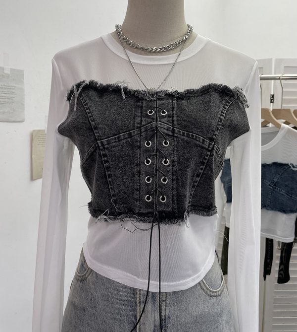 Denim Patchwork Frayed Binding Slim Long Sleeve Short Mesh Top T-Shirt