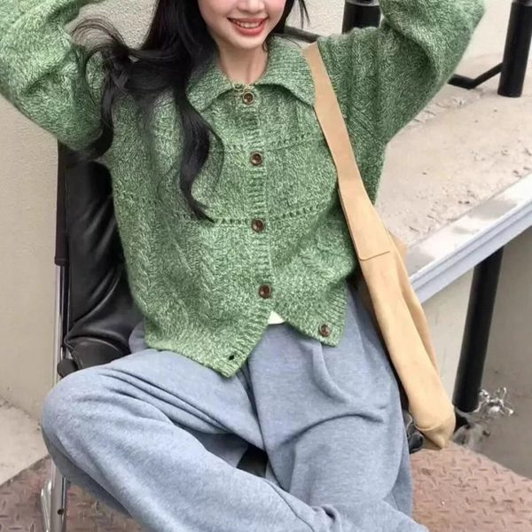 Retro Cable Knit Collar Cardigan Women's Loose Fit Versatile Lazy Style Sweater Jacket