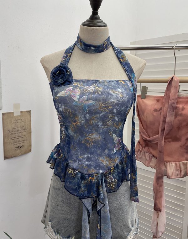 Printed neck hanging flower strapless sleeveless top