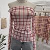 Plaid one shoulder slim embroidered top