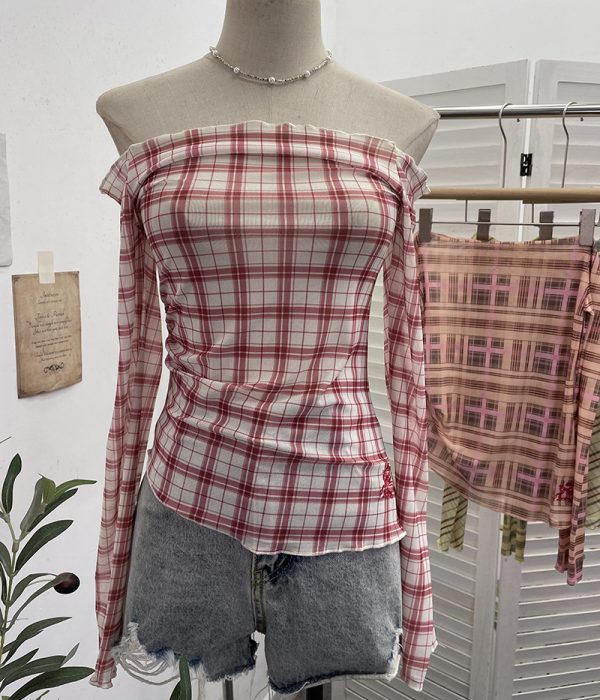 Plaid one shoulder slim embroidered top