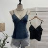 Deep V-neck slim fit sleeveless top with hem