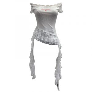 One-Shoulder Mesh T-Shirt Print Short Fitted Top