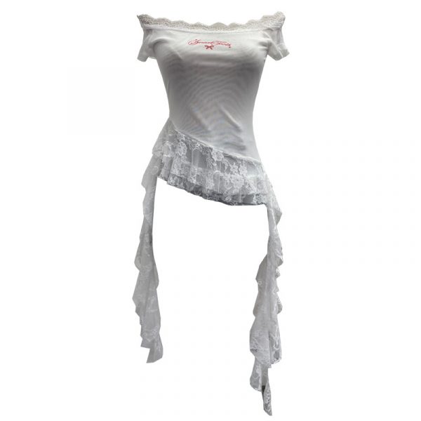 One-Shoulder Mesh T-Shirt Print Short Fitted Top