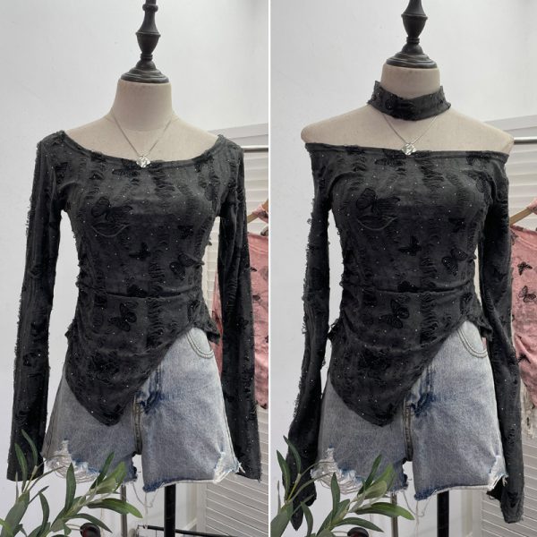 Butterfly neck hanging long sleeved T-shirt top
