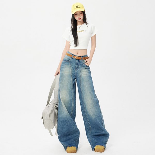 Women's Blue Wide-Leg Scissors Denim Pants Loose Drape Floor-Length Trousers