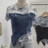 Cowboy patchwork dyed mesh short sleeved t-shirt for women