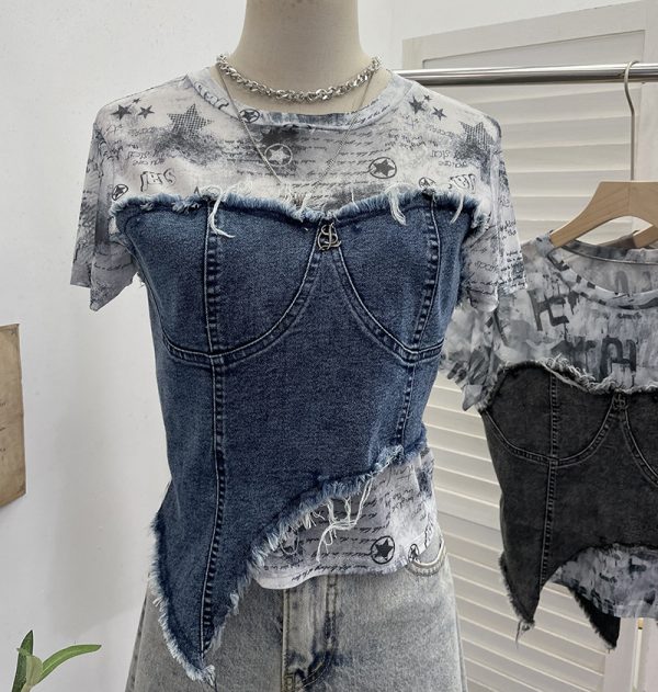 Cowboy patchwork dyed mesh short sleeved t-shirt for women