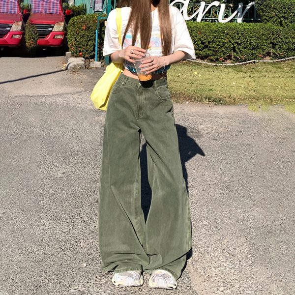 Women's Light Green Wide-Leg Jeans Washed High-Waist Loose Straight Long Pants