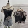 Cowboy patchwork dyed mesh short sleeved t-shirt for women