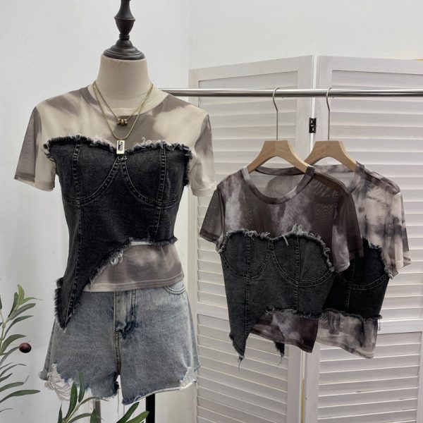 Cowboy patchwork dyed mesh short sleeved t-shirt for women
