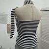 One shoulder strapless striped contrasting ribbon buckle pullover short vest