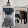 Denim Patchwork Frayed Binding Slim Long Sleeve Short Mesh Top T-Shirt