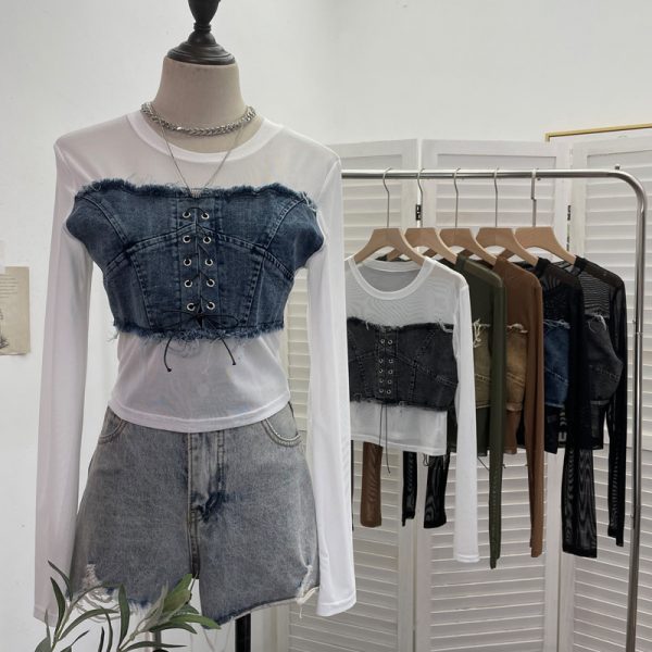 Denim Patchwork Frayed Binding Slim Long Sleeve Short Mesh Top T-Shirt