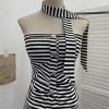 One shoulder strapless striped contrasting ribbon buckle pullover short vest