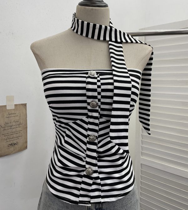 One shoulder strapless striped contrasting ribbon buckle pullover short vest