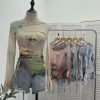 Dyed Mesh Printed Long Sleeve T-Shirt with Spicy Design, Drawstring, Hollow-out Shoulder and Flare Long Sleeve Top