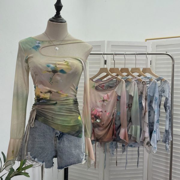 Dyed Mesh Printed Long Sleeve T-Shirt with Spicy Design, Drawstring, Hollow-out Shoulder and Flare Long Sleeve Top