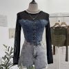 Denim Splicing Mesh Design Long Sleeve T-Shirt with Drawstring Tie Short Fitted Top