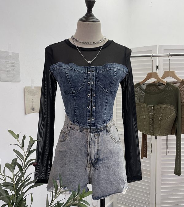 Denim Splicing Mesh Design Long Sleeve T-Shirt with Drawstring Tie Short Fitted Top