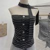 One shoulder strapless striped contrasting ribbon buckle pullover short vest