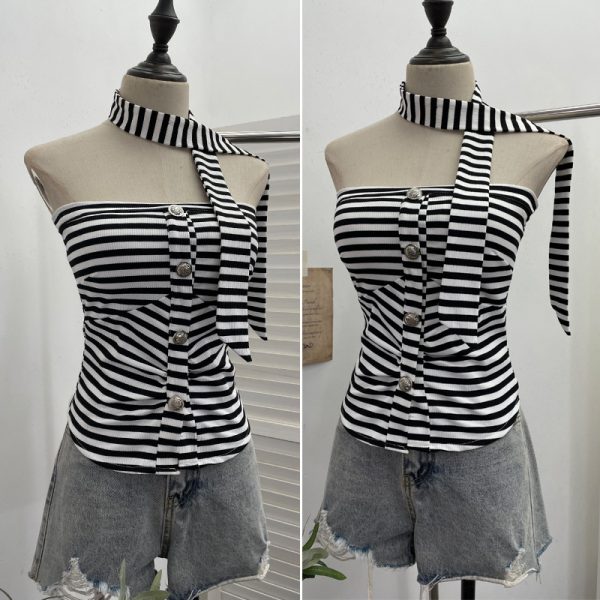 One shoulder strapless striped contrasting ribbon buckle pullover short vest