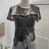 Cowboy patchwork dyed mesh short sleeved t-shirt for women