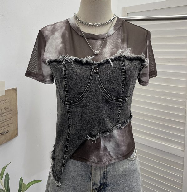 Cowboy patchwork dyed mesh short sleeved t-shirt for women