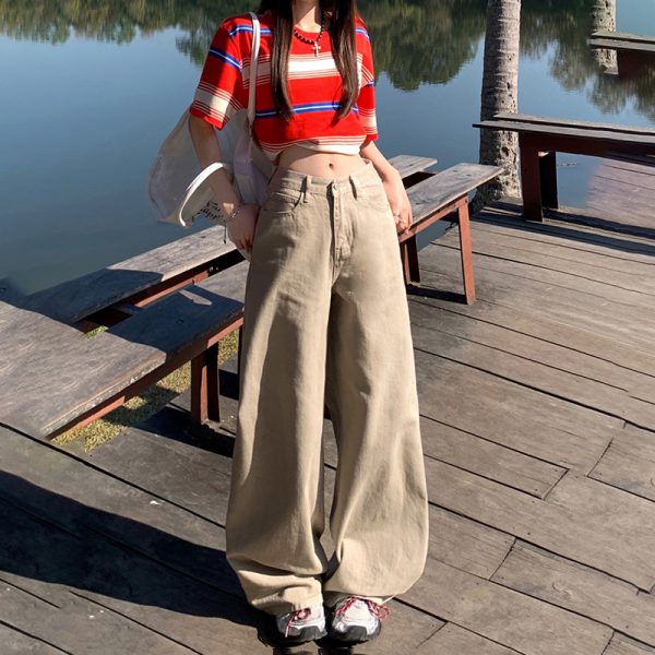 Women's Light Green Wide-Leg Jeans Washed High-Waist Loose Straight Long Pants