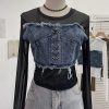 Denim Patchwork Frayed Binding Slim Long Sleeve Short Mesh Top T-Shirt