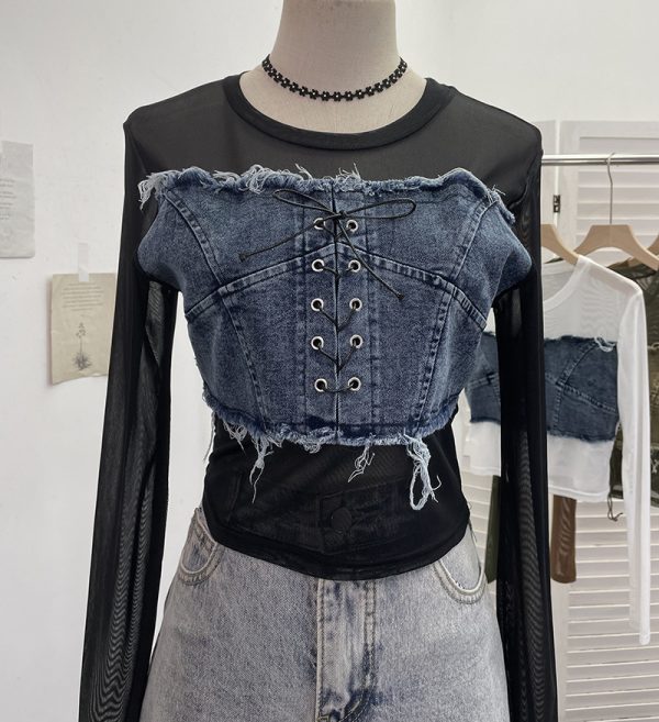 Denim Patchwork Frayed Binding Slim Long Sleeve Short Mesh Top T-Shirt