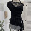 Lace Splicing Swing Collar Halter Off-Shoulder T-Shirt Women